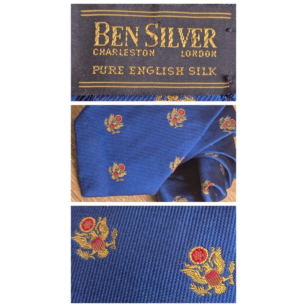 Ben Silver Hand Made England Navy USA Presidential Crest Emblematic Silk Tie VTG